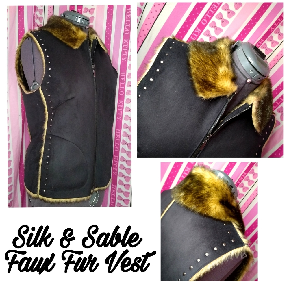 Silk & Sable Mix Brown Color Faux Fur Vest Studded